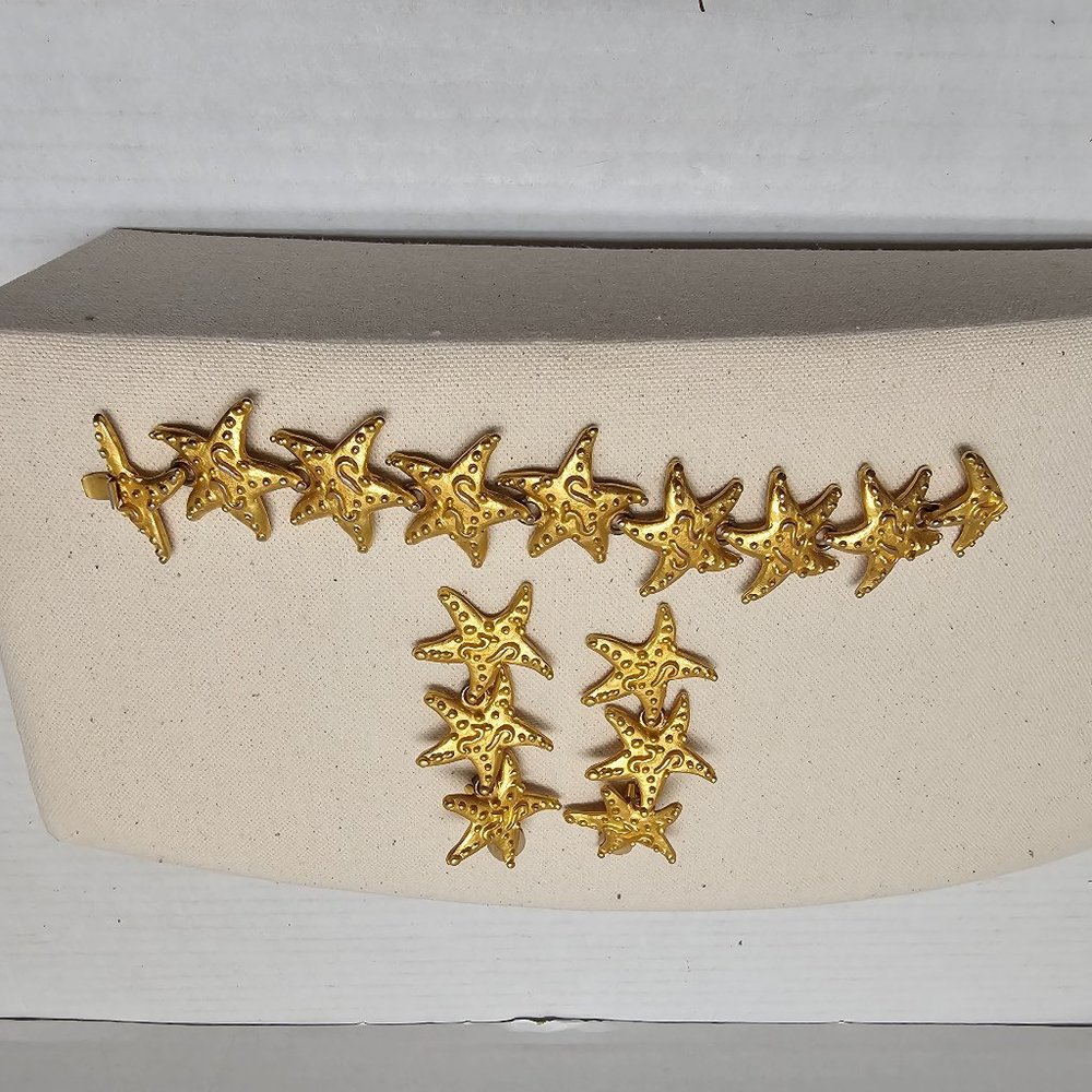 Multi Starfish Gold Tone Bracelet Dangle Clip Chunky Drop Earrings Set